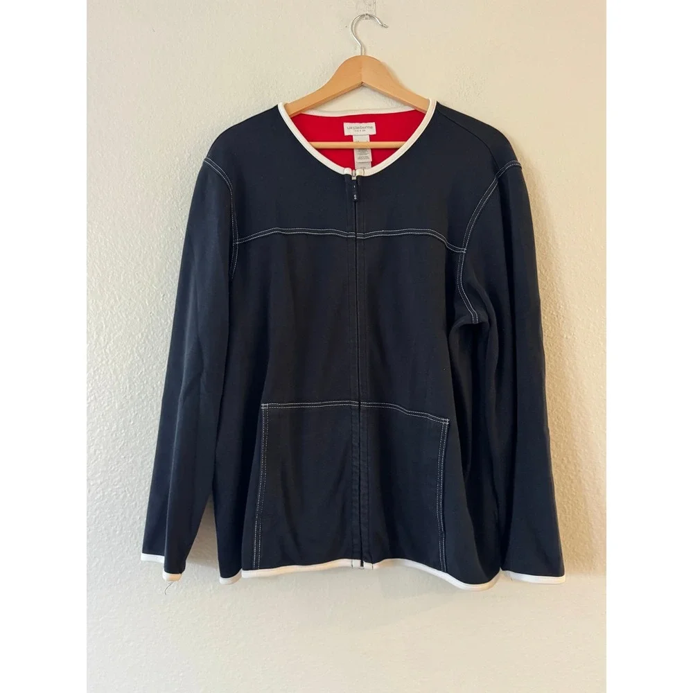Liz Claiborne Liz & Co Zip Sweatshirt Contrast Stitch Pockets L Navy Blue Good